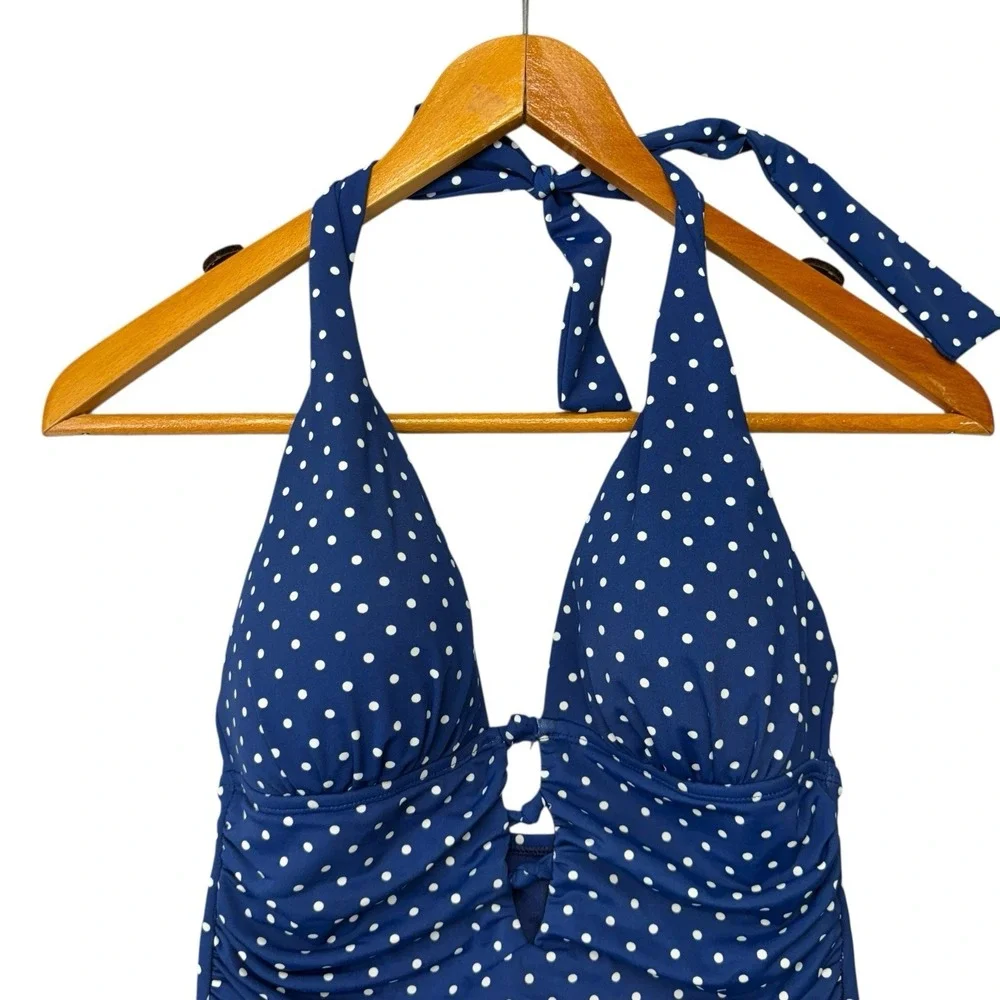 Lauren Ralph Lauren Womens Swimsuit 8 Blue Polka Dot One Piece Halter Ruched